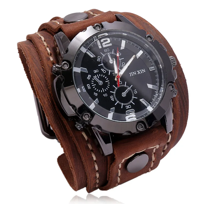 

Mens Quartz Watches Jessingshow Luxury Wristwatch 2022 Cowhide Watchband Punk Style Watch for Men Wide Genuine Leather Bracelets