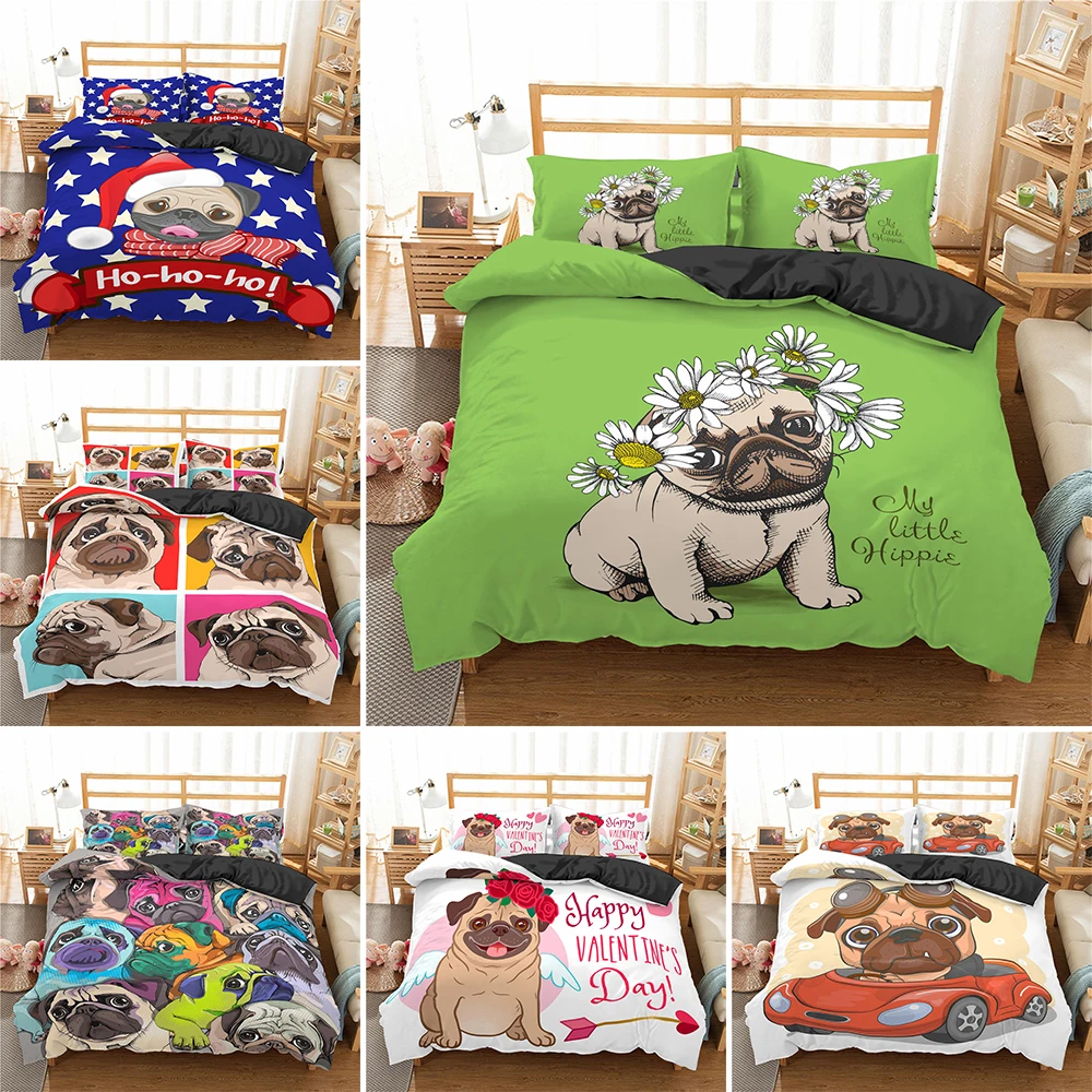 

Popular Cartoon Puppy Print Duvet Cover Cute Animals Pug Bedding Set Kids Comforter Covers And Pillowcase Queen King Size 2/3pcs