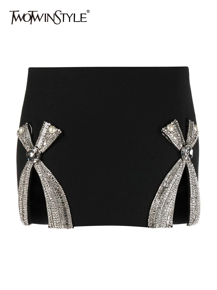 

Женская мини-юбка TWOTWINSTYLE, с высокой талией, трапециевидной формы, в стиле пэчворк, с бриллиантами, летняя юбка с разрезом, женская модная одежда, новинка