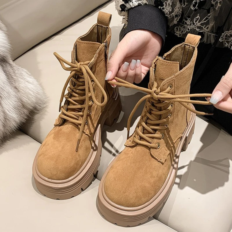 

Ботильоны женские на толстой подошве, на высоком каблуке, резиновые, на шнуровке, Корейская версия, Осень-зима 2023