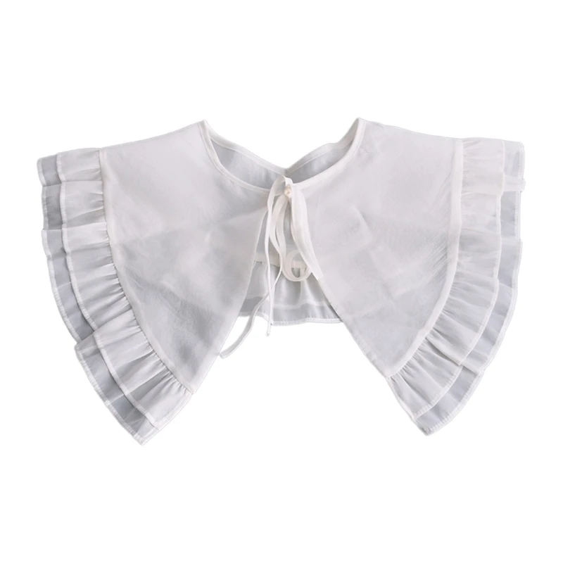 

Women Tiered Ruffle Lace Trim Faux Collar Big Shawl Wrap Elegant Semi-Sheer Lightweight White Capelet with Ribbon Tie
