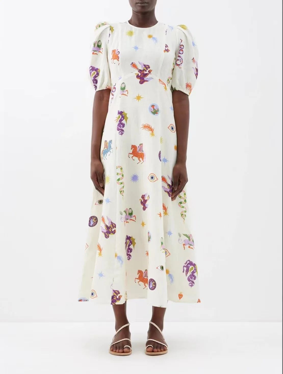 

Women 100% Linen Cartoon Animal Printed Short Sleeve Midi Dress