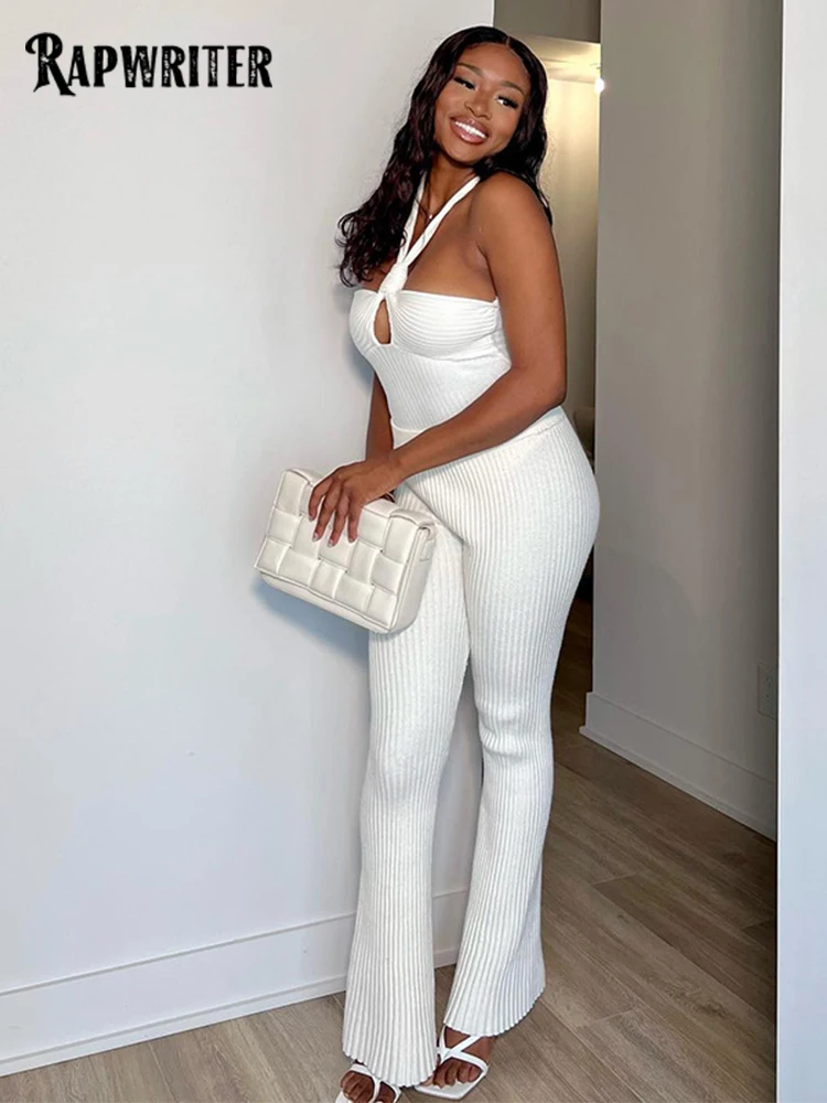 

Rapwriter Elegant Casual Women's 2 Piece Sets Sexy Halter Backless Bodysuits+High Waist Straight Pants Knitted Matching Outfits
