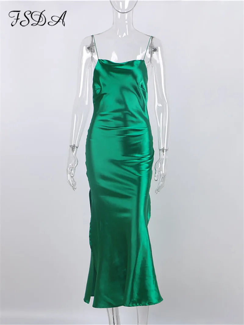 FSDA 2021 Midi Green Satin Backless Dresses Women Sleeveless Off Shoulder Club Sexy Bodycon Dress Party Summer Outfits images - 6