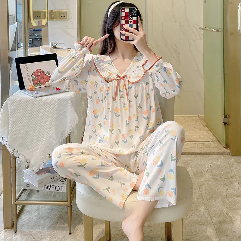 1 spring and summer new style pajamas women's long-sleeved trousers 40 cotton silk suit petal V-neck quality household clothes
