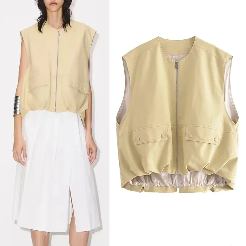 

TRAF 2023 Woman Gathered Hem Vest Vintage Round Neck Zip Sleeveless Jacket Korean Fashion Elegant Women's Coats Autumn Tops