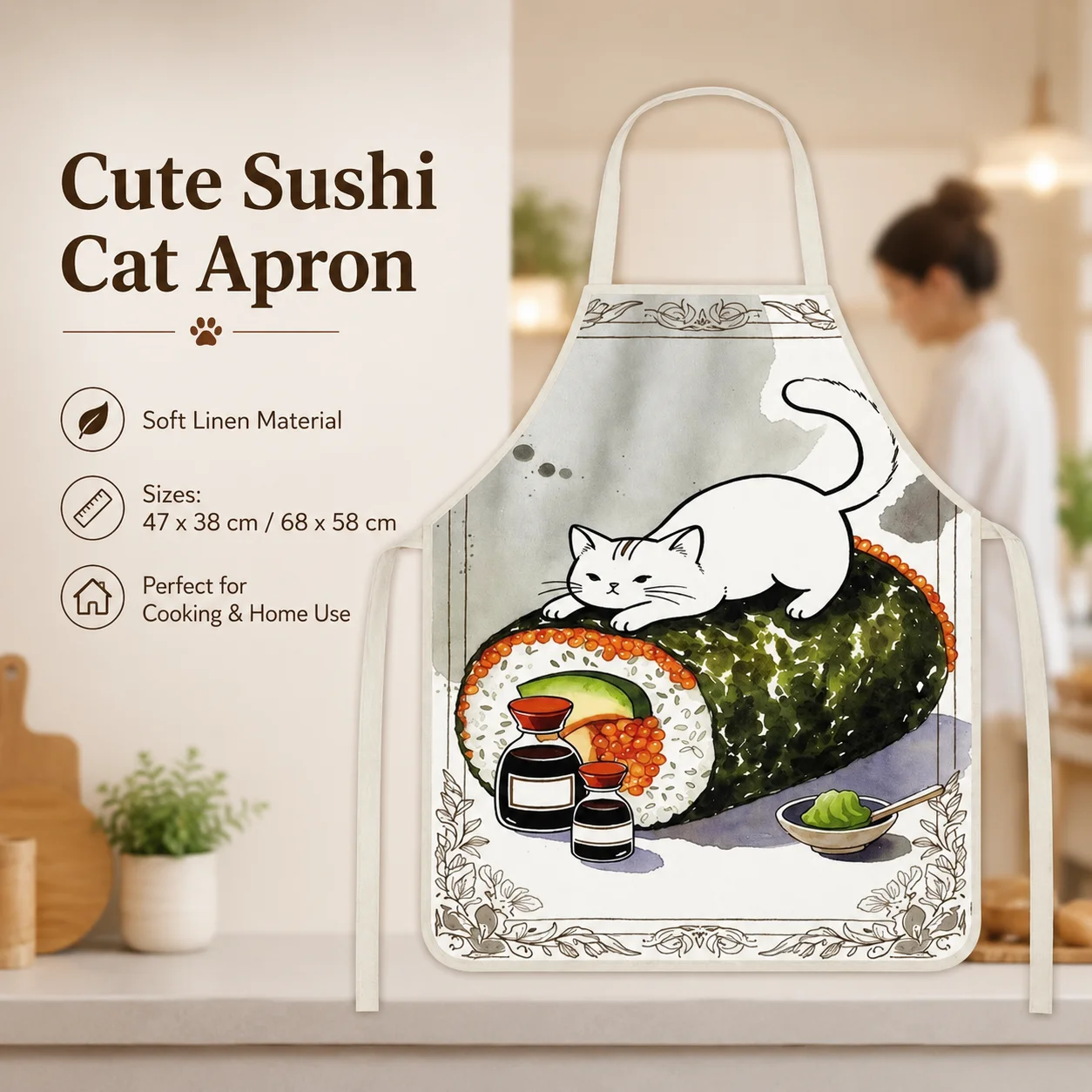Фото Фартук без рукавов из льняной ткани с акварельным рисунком Kawaii Neko Sushi Roll для женщин, любящих животных, для домашней работы, выпечки, уборки, защиты от грязи, подарок №1
