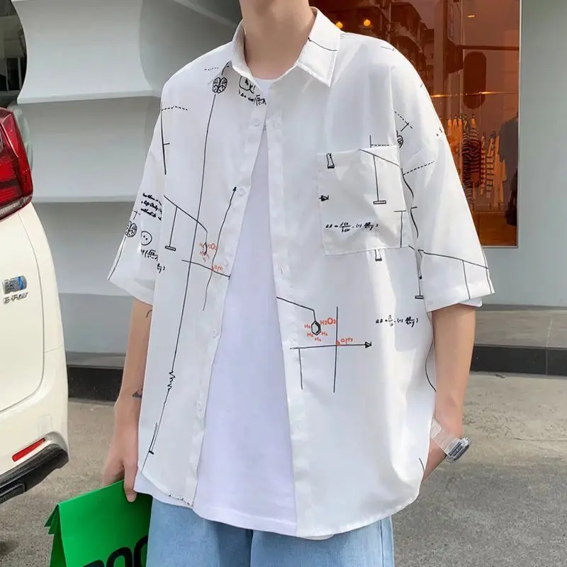 Korean Style Fashion Streetwear Men's Half Sleeve  Shirt 2022 Casual Blouses Top Printed Streetwear Men Shirts E79
