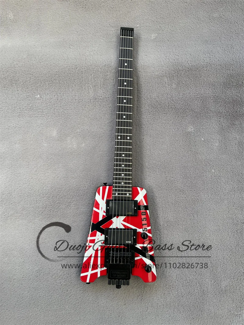 Электрогитара без головы 6 струн с красным корпусом и белыми полосками