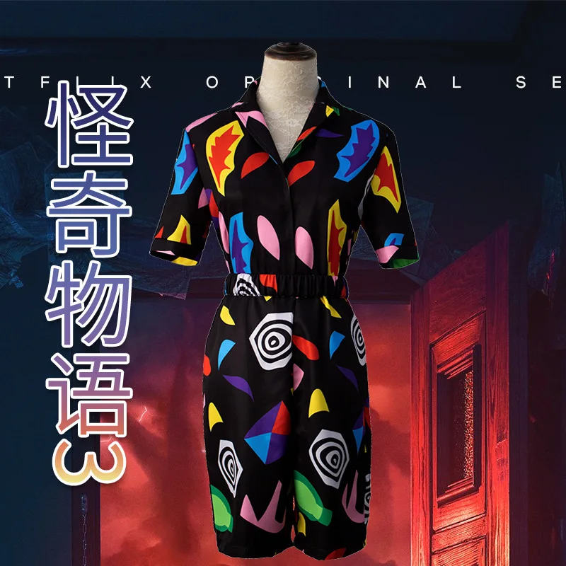 

Stranger Things Eleven Goes to Mall Dress Cosplay Jumpsuit Swirl Printed Belted Romper The Mall Rats Girls Women 80s Outfit Suit