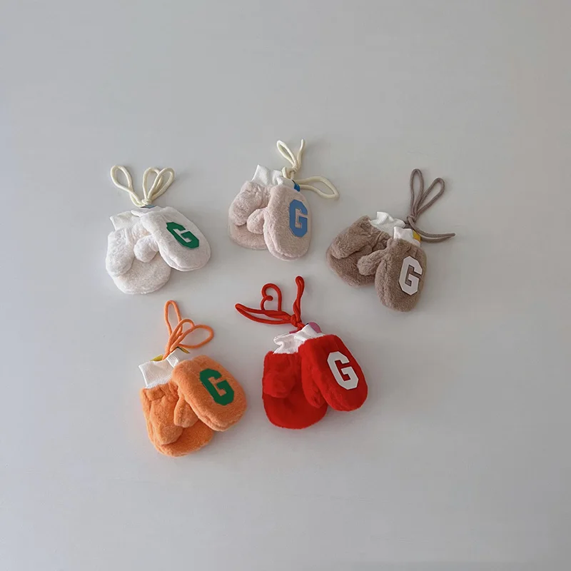 

Милые шерстяные детские перчатки с надписью G, варежки для маленьких девочек, зимние теплые детские перчатки с имитацией пальцев