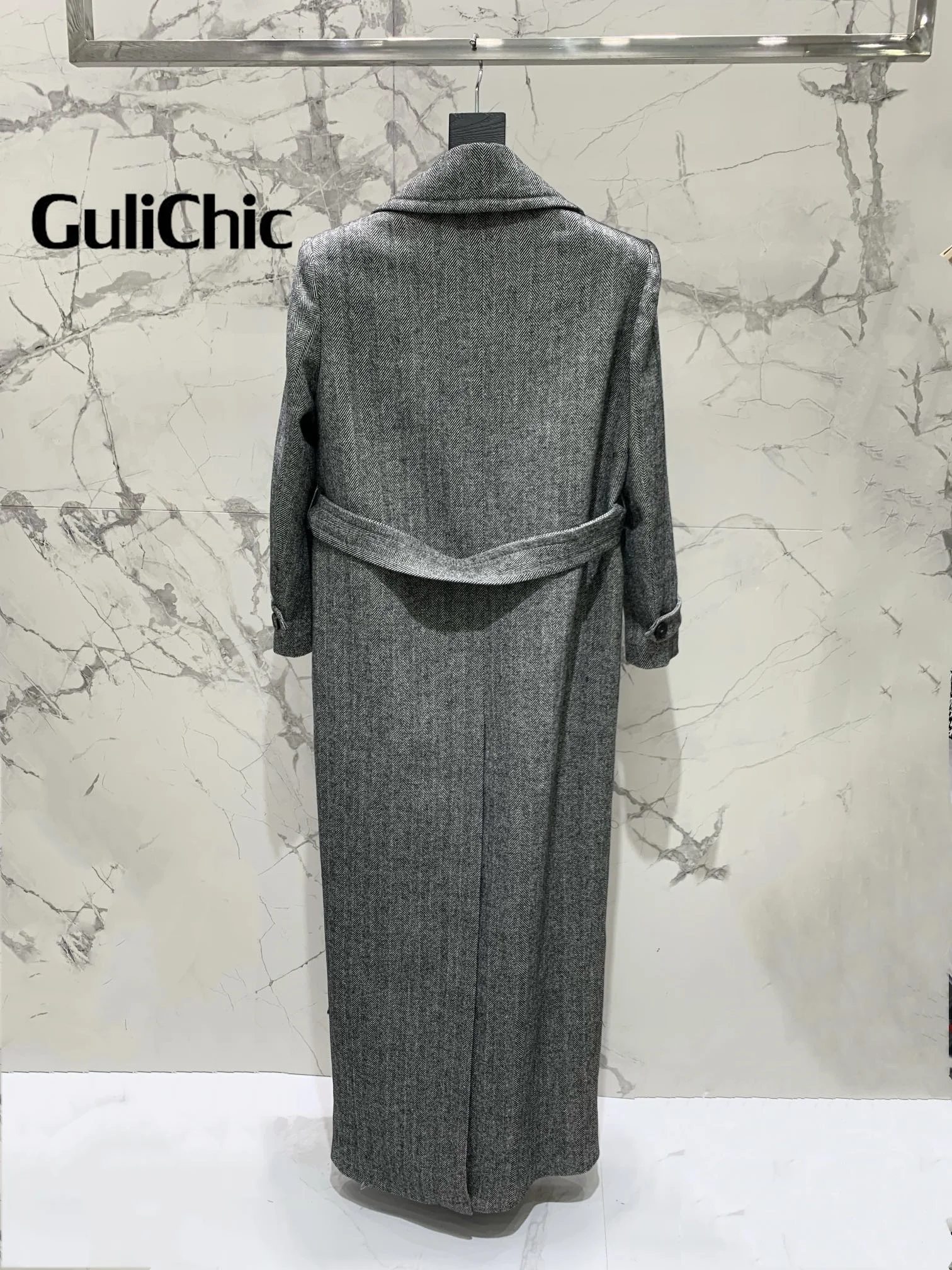 10 26 GuliChic 2024 осенне-зимнее классическое длинное шерстяное пальто с узором елочка