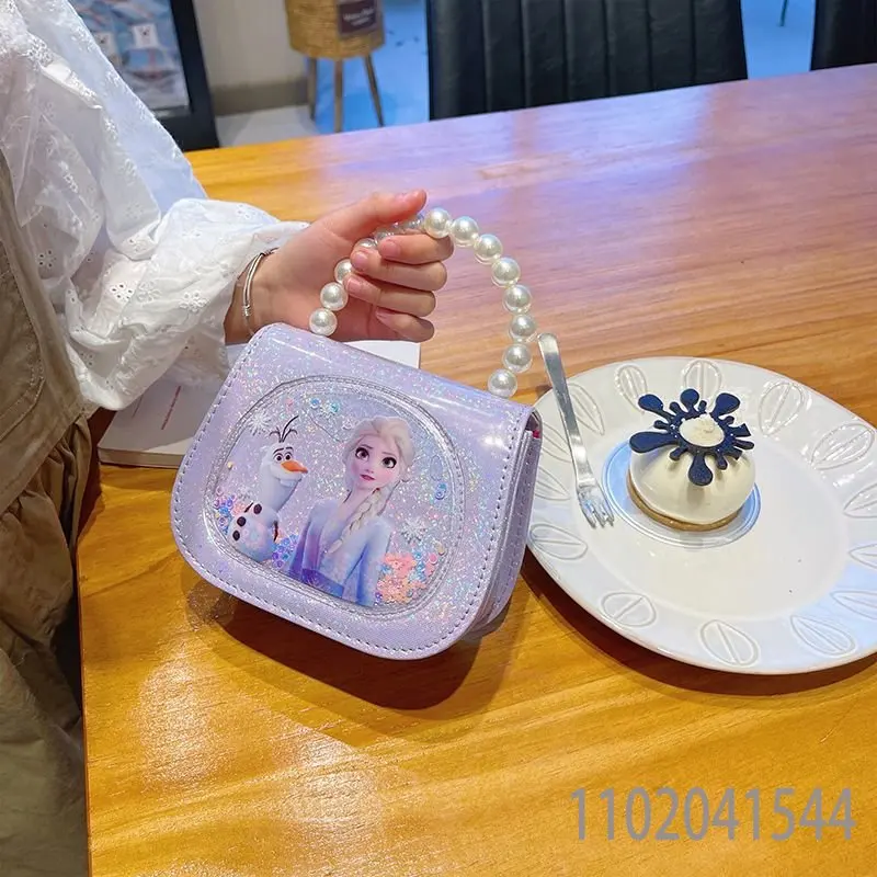 Disney Frozen Shoulder Bags for Girls Princess Elsa Cartoon PU Crossbody Bags with Pearl 3-6 Year Old Children's Handbag