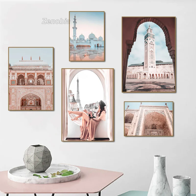 

Canvas Painting Wall Art Pink Nordic Style Landscape Great Mosque Poster Hd Print Home Decor for Living Room Bedroom
