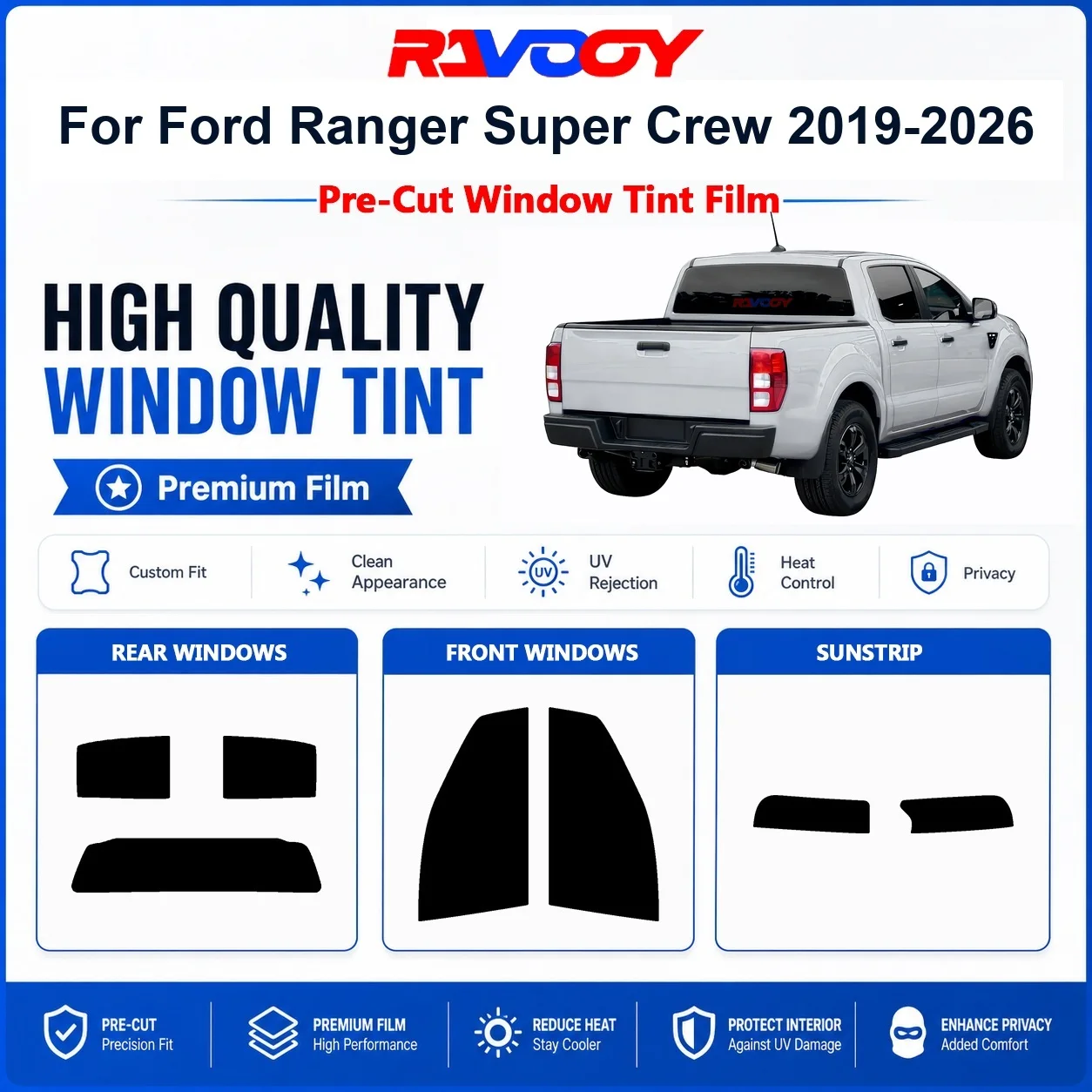 Фото Премиальная предварительно нарезанная тонировочная пленка для окон Ford Ranger Super Crew 2019-2026 (передние и задние стекла) с защитой от УФ-излучения и теплоизоляцией, обеспечивающая конфиденциальность №1