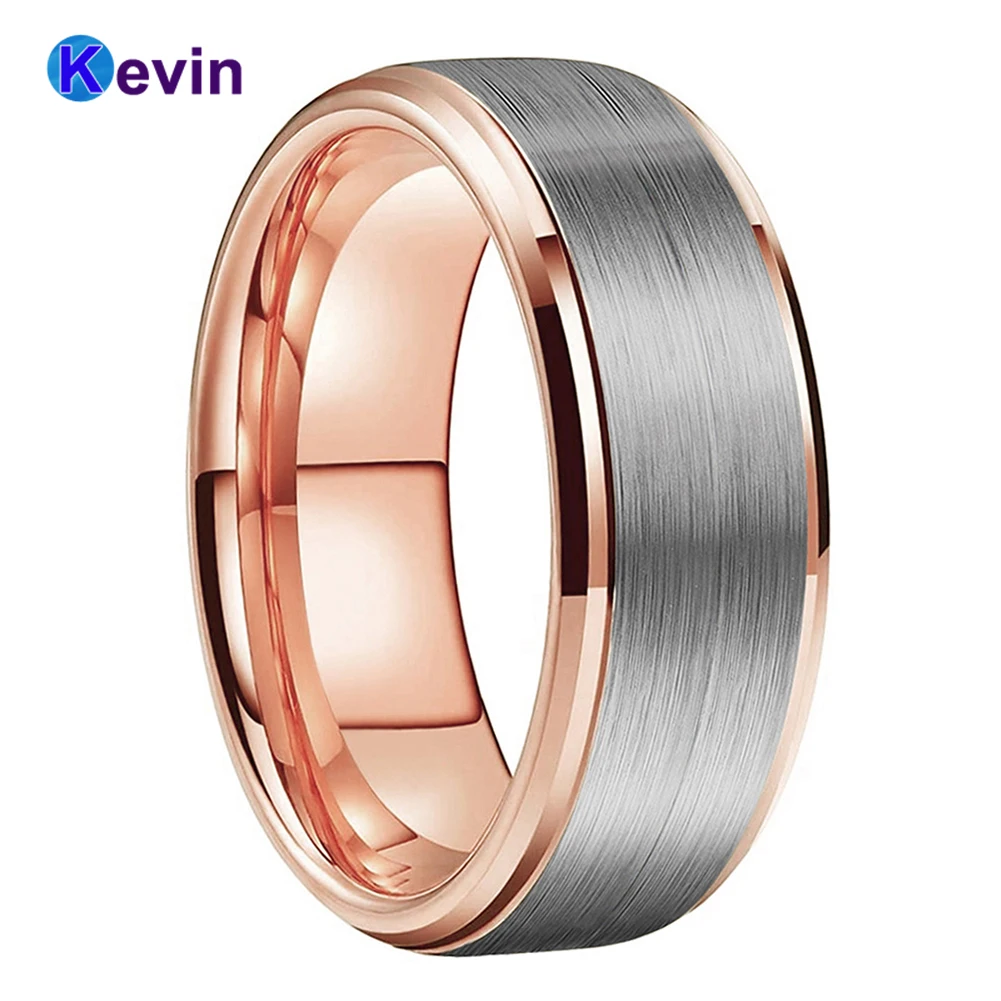 

Rose Gold Wedding Band Men Women Tungsten Engagement Ring With Step Bevel Edges Brush Finish 6MM 8MM Comfort Fit