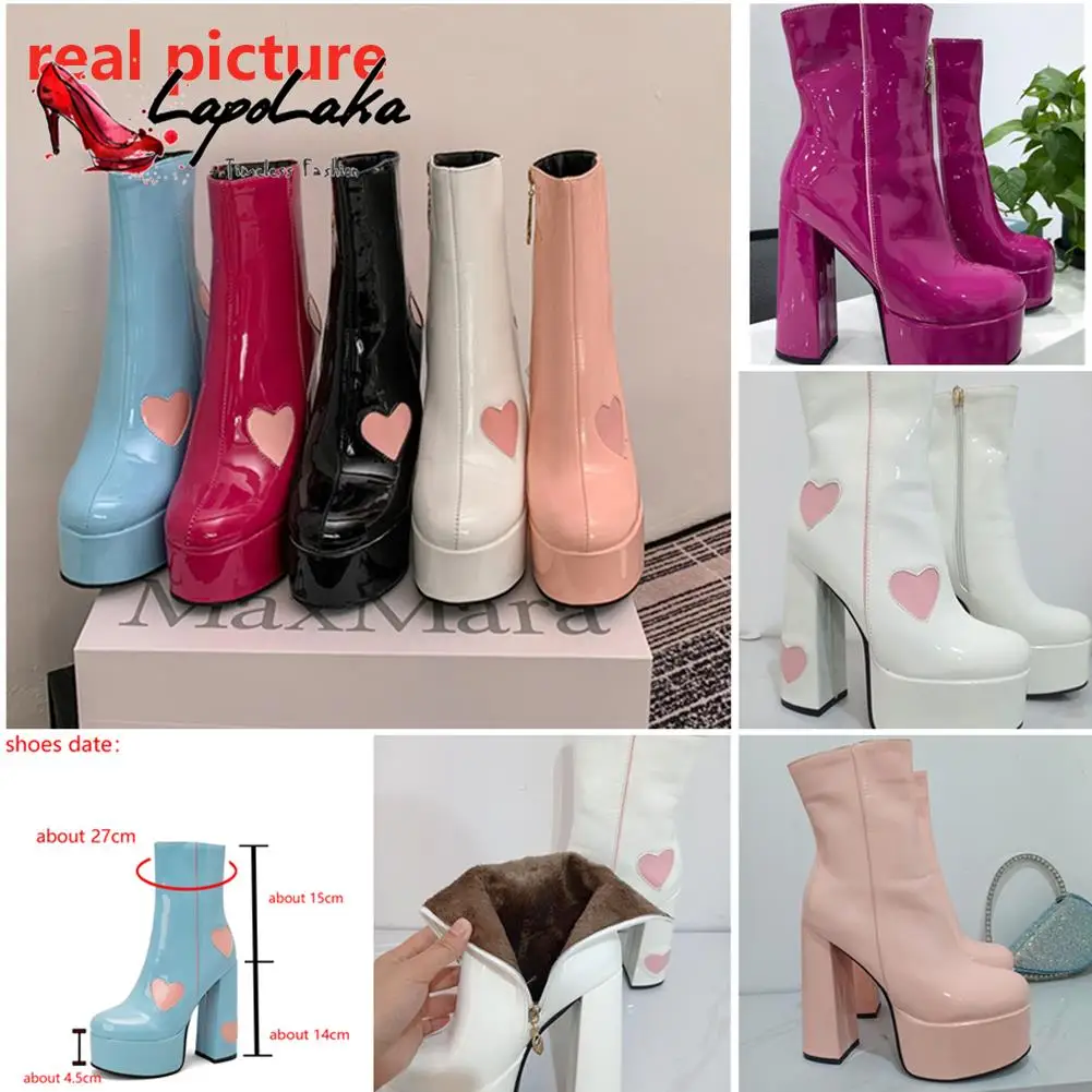 LapoLaka 2022 New Hot Short Boots Chunky Super Heel Women Boots Side Zipper Love Pattern Concise Office Lady Boots Autumn Winter