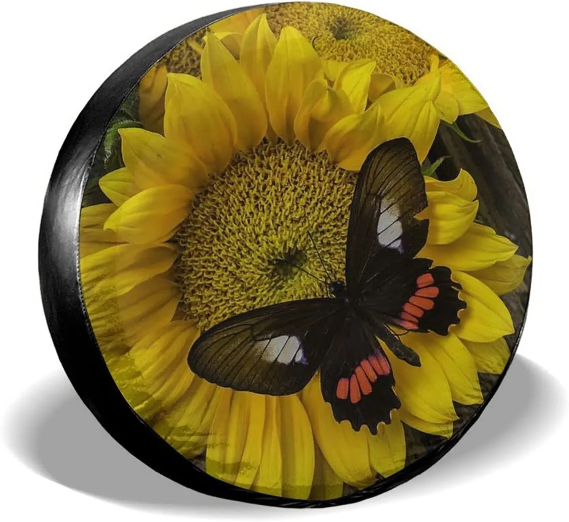 

Sunflower With Wonderful Butterfly Polyester rv spare tire covers bling car accessories for women Universal Fit for Trailer