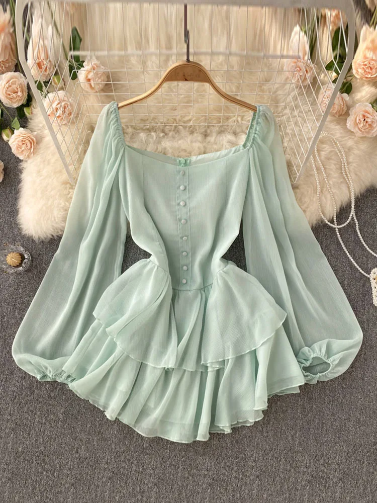 

Женское шифоновое платье с рукавами-фонариками, однотонное привлекательное Сетчатое платье в стиле ретро с V-образным вырезом, модель D1012 на...