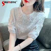 womens summer pullover white shirt 2022 new stylish trendy chiffon puff sleeve lace hollow out bottoming top blusa feminina