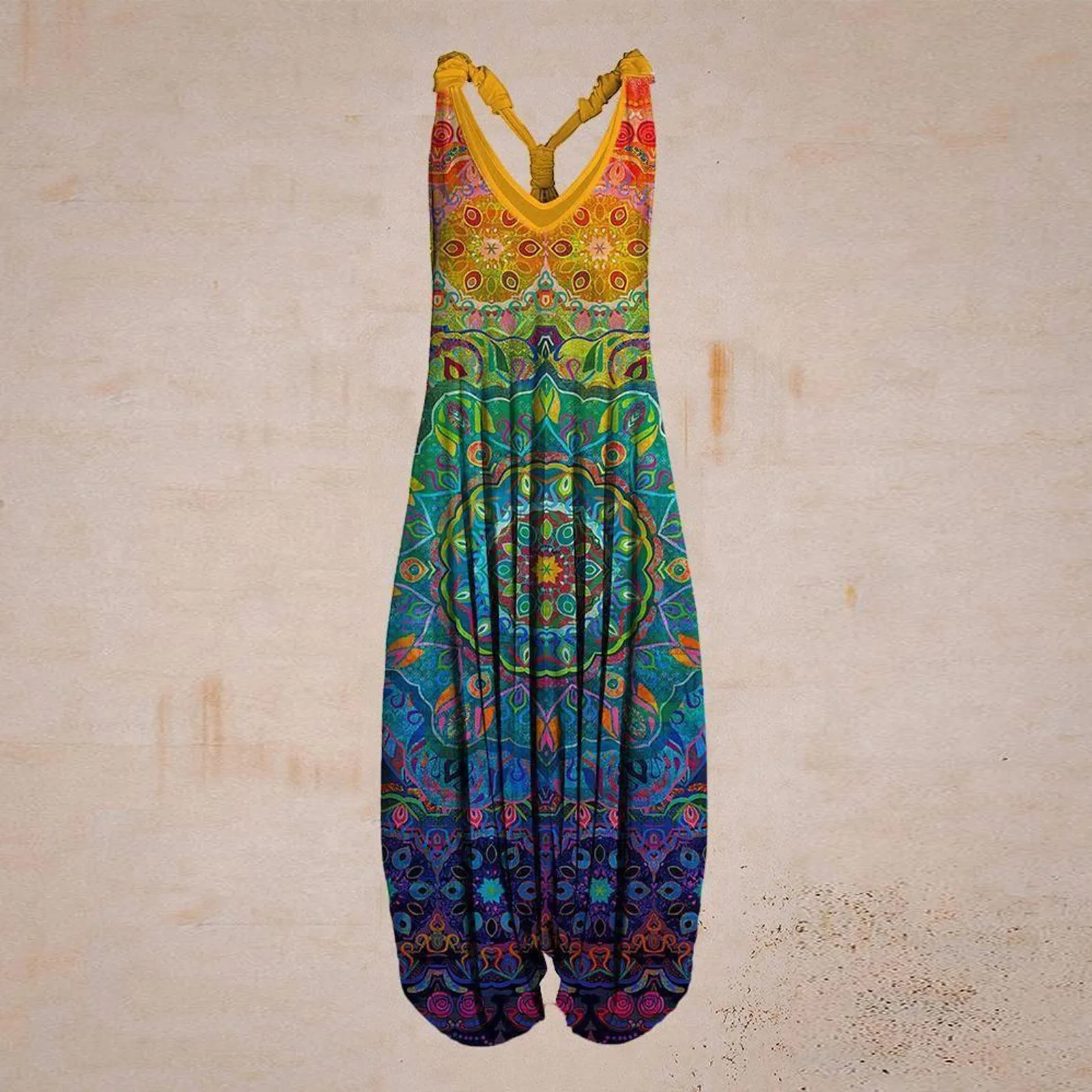 

women jumpsuit Vintage Ethnic Style Women Casual Floral Rompers Loose Boho Casual Jumpsuits Sleeveless Print Strappy Jumpsuit