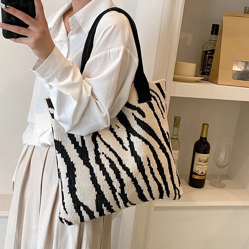 

Y2K Knitted Women's Bag Zebra Pattern Crochet Rope Shoulder Bag Ladies Eco Bag Korean Shopper Knitting Handbag Literary Book Bag