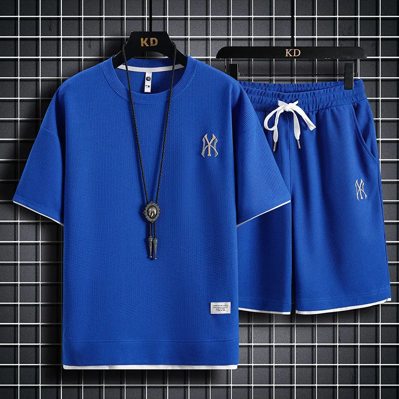 Casual Sports NY Suit Fake Two Pieces Short Sleeve T-shirt Men's Summer Embroidered Waffle Clothes Set Matching