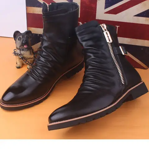 

2022 Autumn and Winter Fleece-Lined Warm Men's British Martin Pointed Leather Boots Men's High Leg Zipper Men's Boots