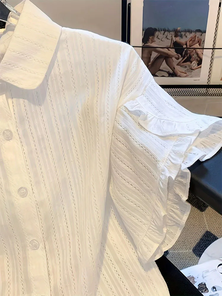 Осень 2024 бежевые шифоновые рубашки с расклешенными рукавами женские милые