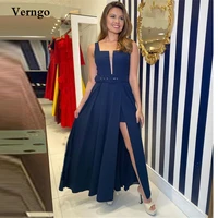 verngo vintage navy blue chiffon women formal prom dress straps slit ankle length evening gowns with short pant custom made