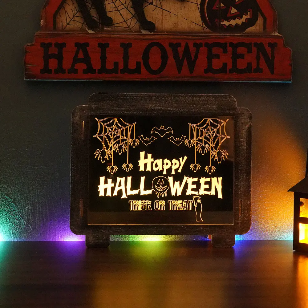

Счастливый Хэллоуин, страшное украшение, деревянная атмосферсветильник светлая тыква, паук, узор, реквизит для бара, дом с привидениями