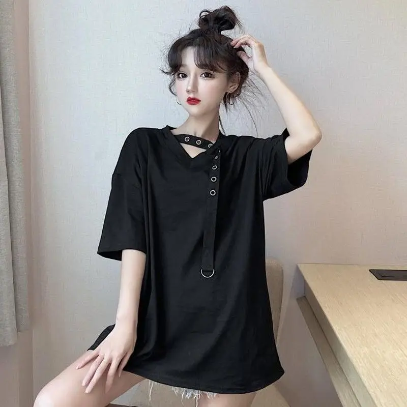 

Черная футболка в стиле Харадзюку, женская футболка с коротким рукавом, новинка 2022, летний Свободный Топ средней длины для студентов, готиче...