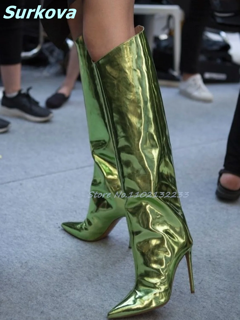 Green Mirror Knee High Boots Pointy Toe Thin High Heels Solid Slip On Long Boots Fashion Sexy Catwalk Women Shoes 10CM/12CM Heel