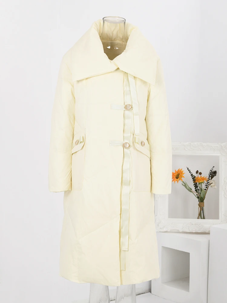 

LANMREM Korean Style Winter Warm Cotton Coat Women Lapel Single Breasted Solid Color Long Clothing Fashion 2023 New 32C404