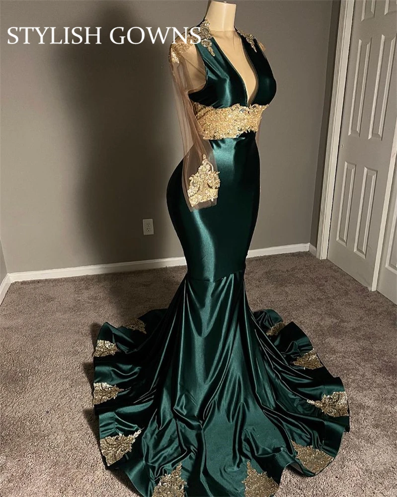 Elegant Emerald Green O Neck Long Prom Dresses For Black Girls 2022 Appliques Evening Gowns Mermaid Birthday Party Robe De Bal
