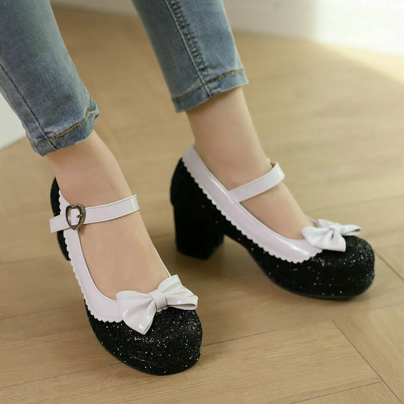 Eokkar Glitter Mary Janes Lolita Shoes with Bow Chunky Heel Platform Sparkly Pumps Cute Kawaii Shoes Japanese Cosplay Shoes