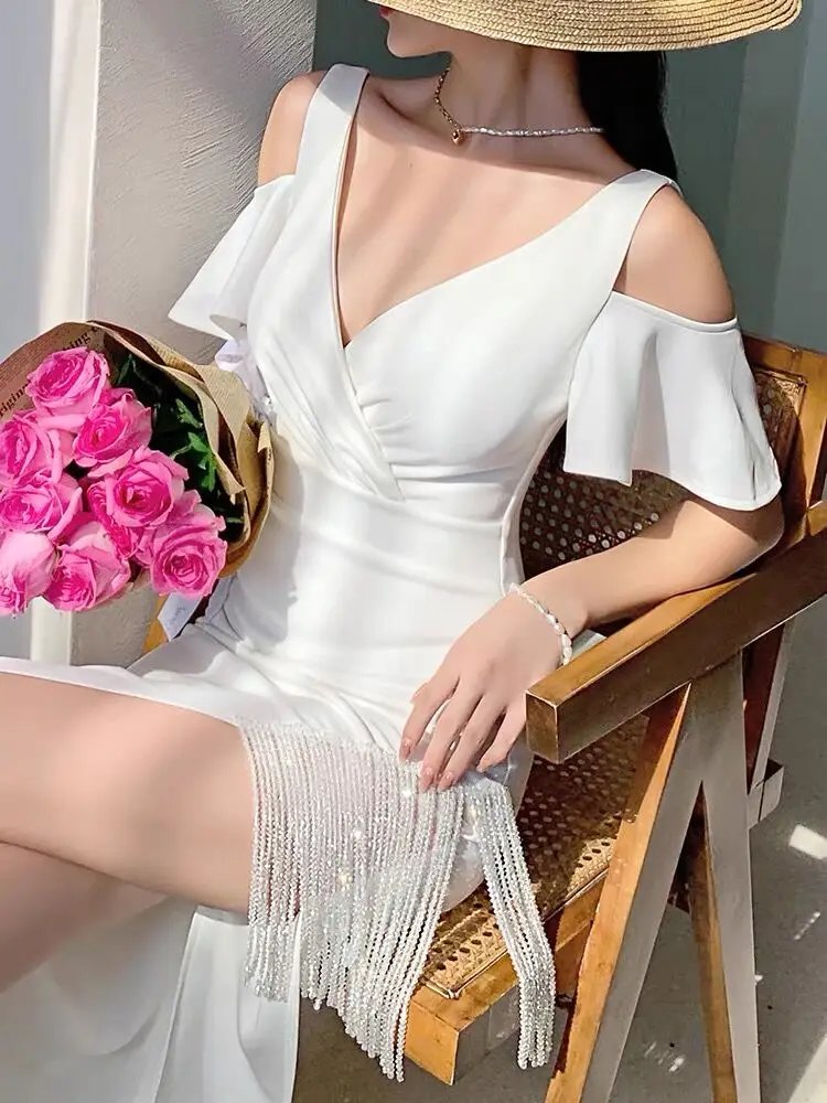 Tassel Off Shoulder Split Dress Women White Wedding V Neck Cape Vestidos Korea Fashion Elegant Slim High Waist Party Vestidos