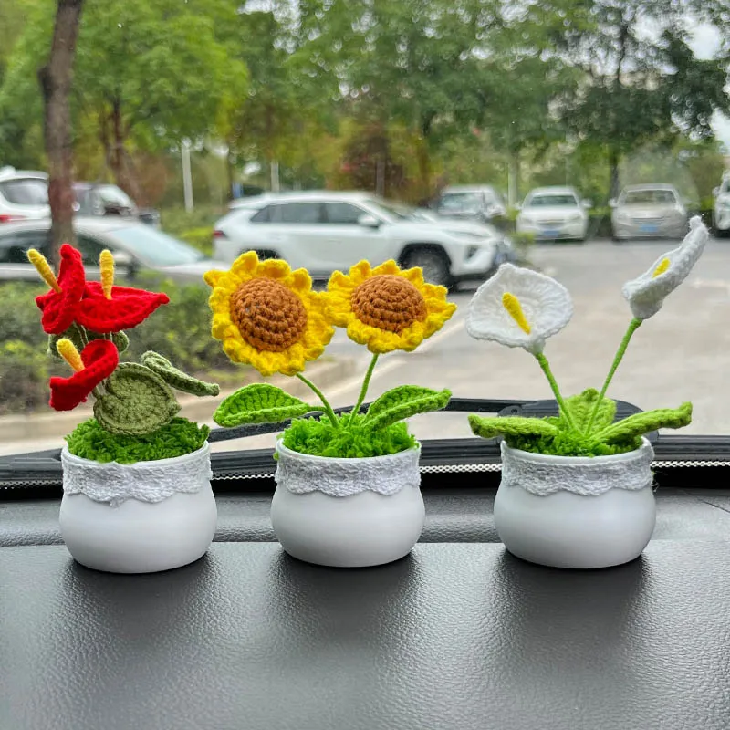 

Crochet Potted Plants,Car Dashboard Decor,Sunflower,Anthurium,Rose,Calla Lily,Handmade Gifts For Her,Cute Car Interior Oranments