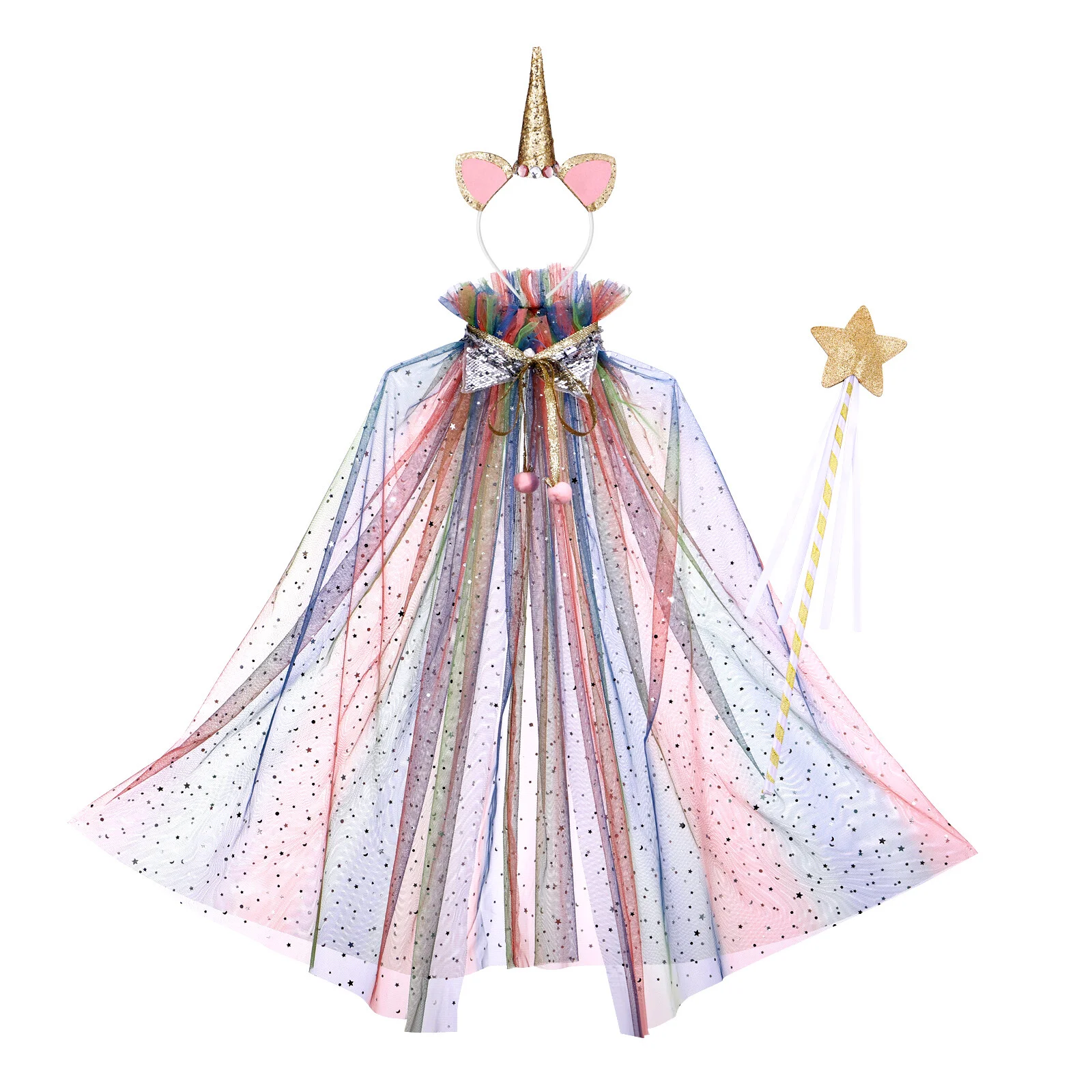 

Rainbow Cape Dress Girl Sequins Tulle Cloak Party Costume Hair Fairy Christmas Prom