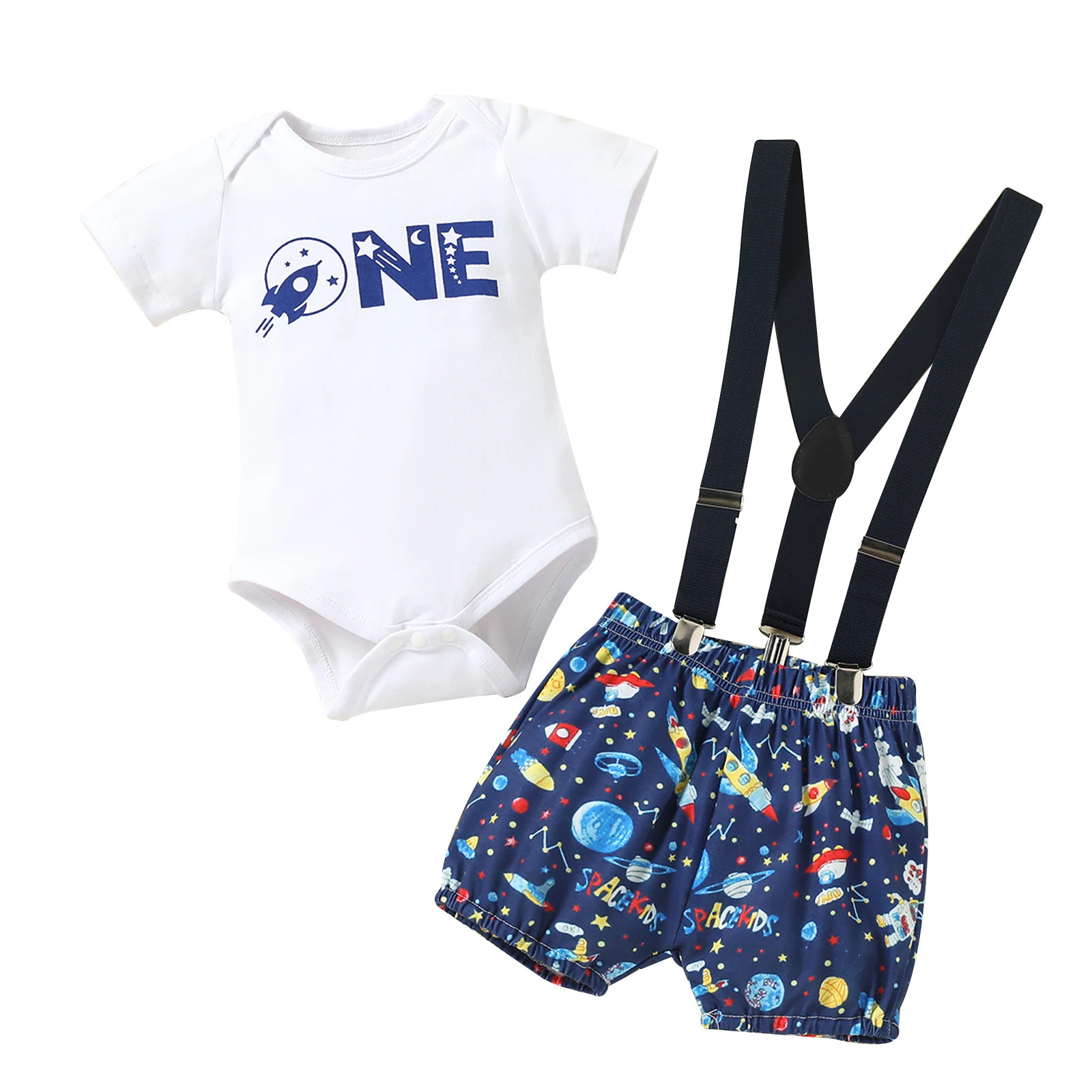 

Baby Boys Birthday Clothes Set Short Sleeve Envelope Shoulder Letter Print Romper Y-shaped Back Suspender Printed Shorts