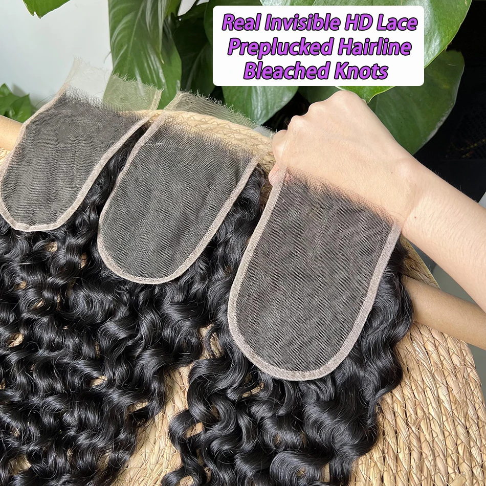 Фото Натуральные волосы Wate Wave 4x6 HD Invisible Lace Closure, предварительно обработанные, с осветленными узлами, на кружевной основе, натуральный черный цвет, 100% натуральные необработанные человеческие волосы. №4