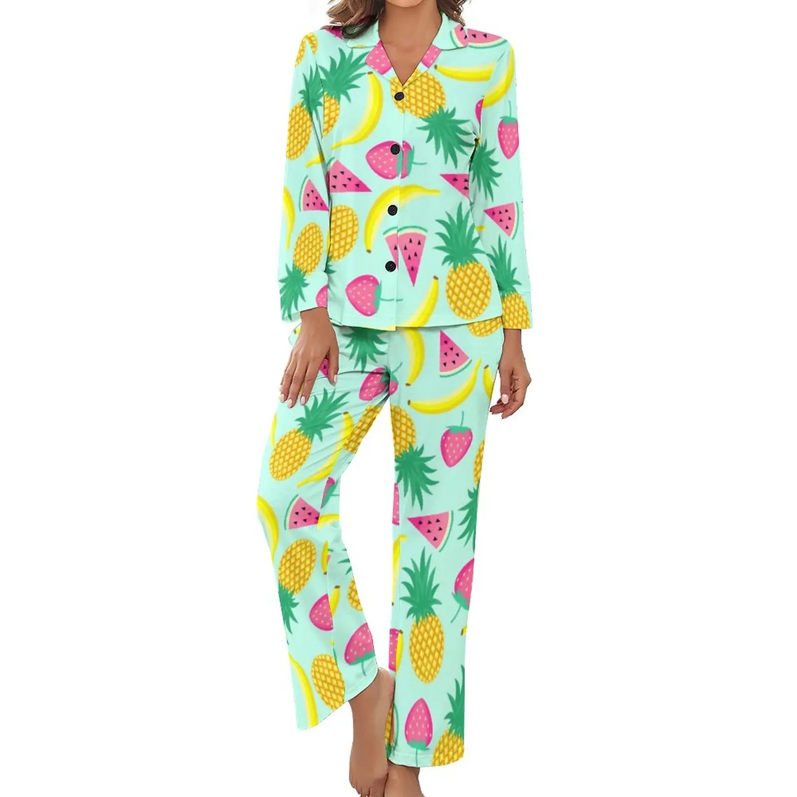 

Пижама в виде банана и ананаса с фруктовым принтом, домашний костюм для отдыха с V-образным вырезом, женские мягкие пижамные комплекты из 2 пр...
