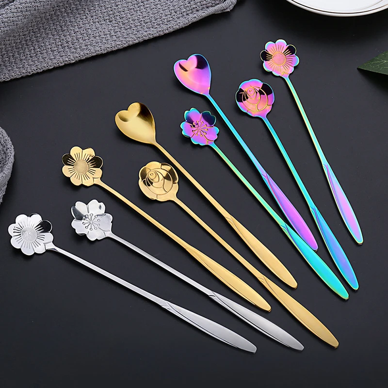 

4Pcs/Set Mixing Spoons Small Flower Teaspoon Stainless Steel Coffee Spoon Cute Ice Cream Dessert Spoon Kitchen Accessories