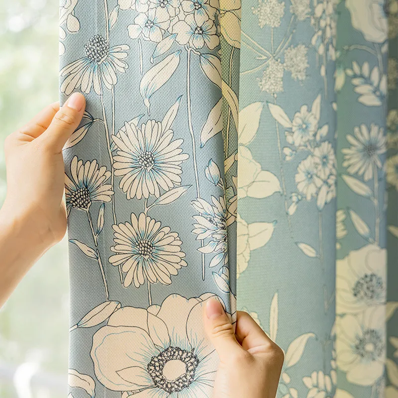 

American Half Blackout Curtains For Living Room Bedroom Blue Idyllic Flower Printed Sunscreen Sunshade Window Drapes For Balcony