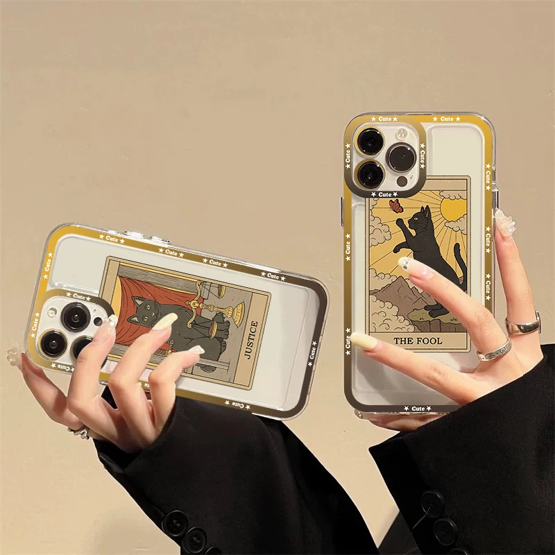 

Witche moon Tarot Mystery totem cat Phone Case For iPhone 11 12 13 14 Mini Pro Max XR X XS TPU Clear Case For 8 7 6 Plus SE 2020