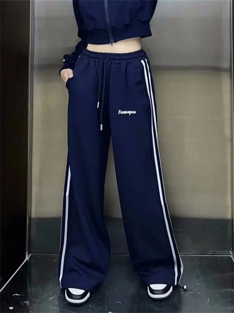 

QWEEK Y2K Egirl Navy Blue Jogging Sweatpants Women Korean Fashion Hip Hop Wide Leg Track Pants Oversized Kpop Joggers Trousers