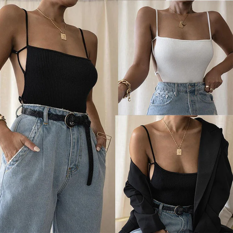 Knitting Sexy Party Solid backless Clubwear Spaghetti Strap crop top women 2022 fashion casual sleeveless skinny camisole