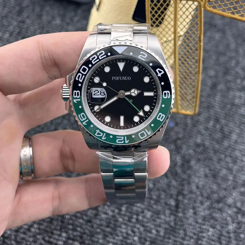 

40mm GMT Men's Watch Stainless Steel Strap Ceramic Bezel Black Dial Sapphire Glass Luminous Water Resistant Black Green