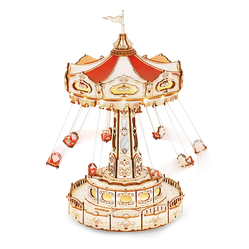 

Robotime Rokr Magic Amusement Park Swing Ride 3D Wooden Puzzles Construction Model Kit DIY Music Box Rotating Building Kits