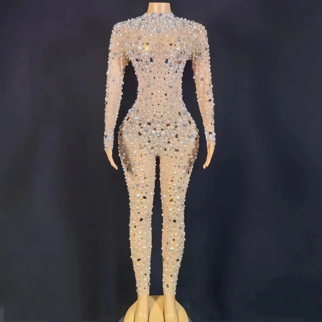Женский Блестящий Комбинезон с бриллиантами и жемчугом сексуальный комбинезон